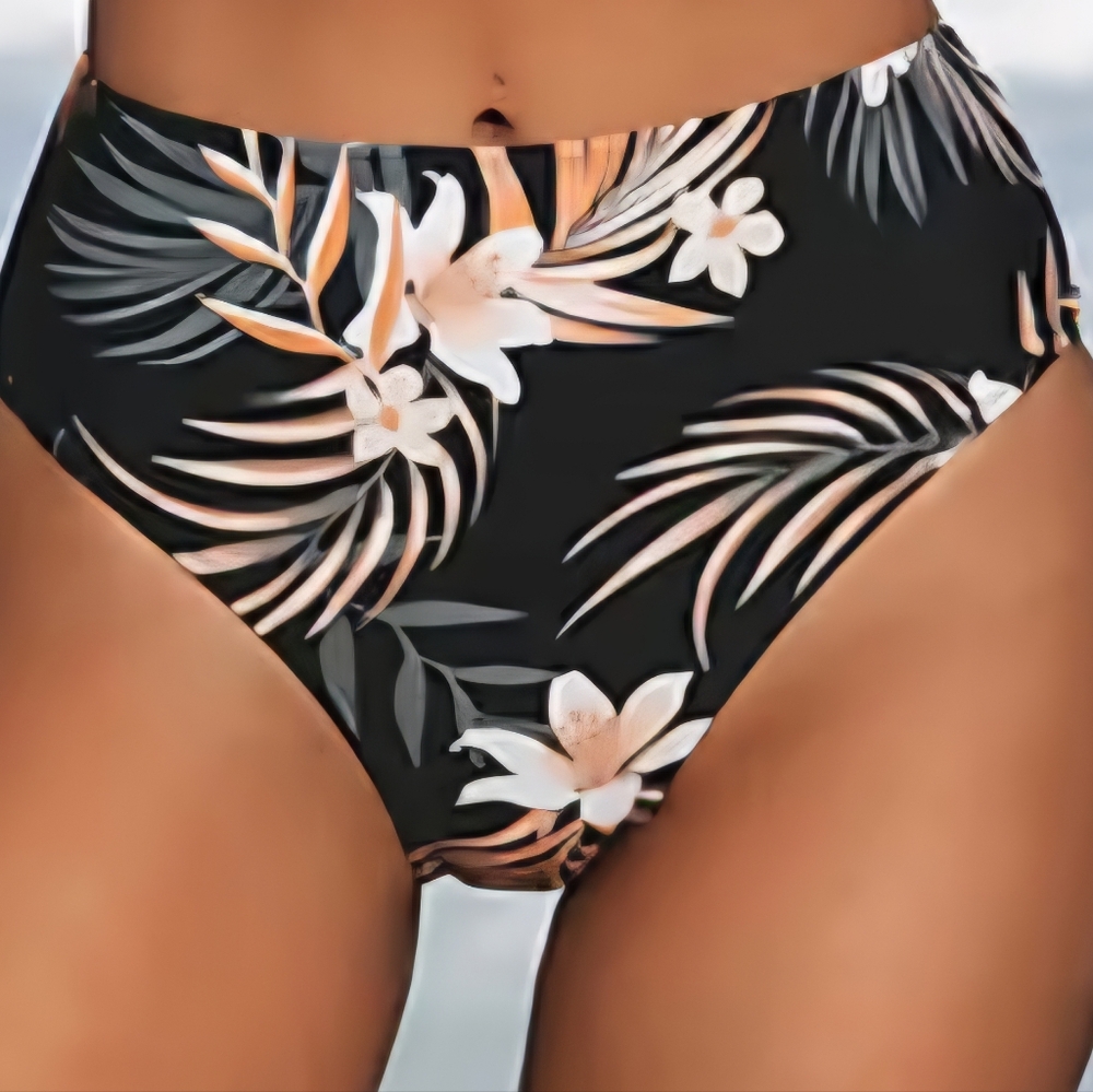 Cupshe Black Floral High-Waist Bikini Bottom with White and Peach Blooms